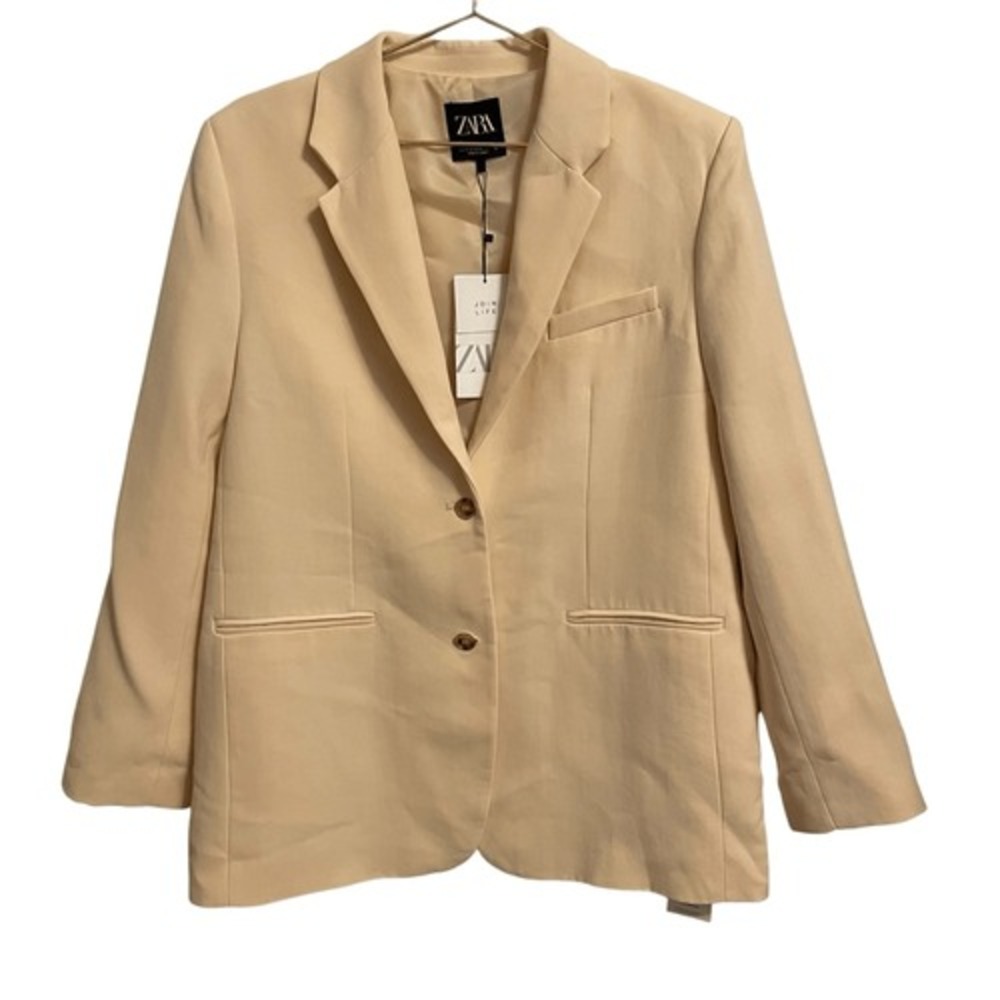 Zara Womens Beige Lyocell Blend Single Breasted Blazer Notched Lapel Size M